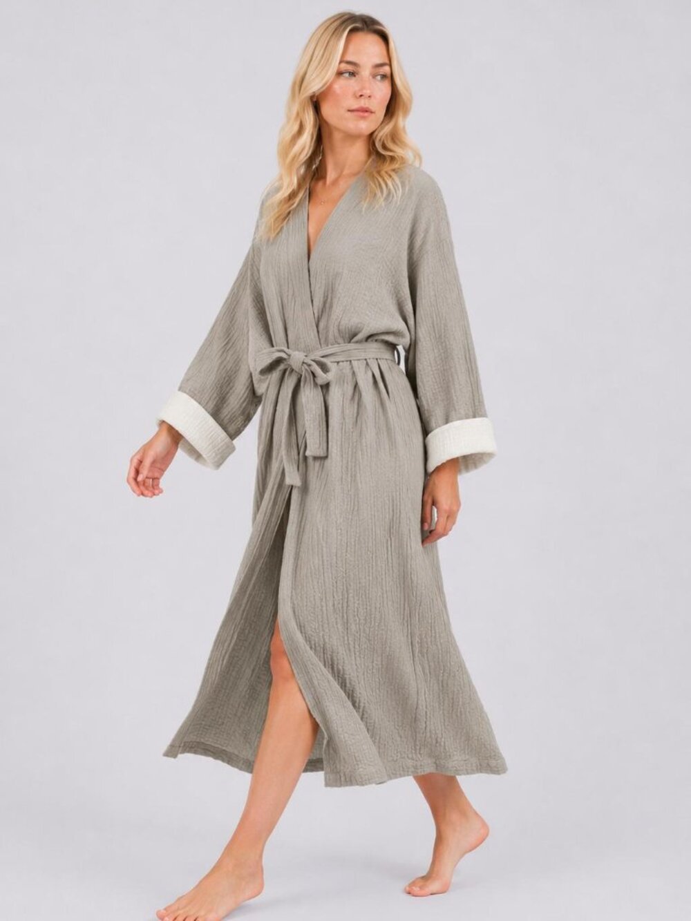 Indijio Zen Gray 100% Cotton Muslin Kimono Robe One Size